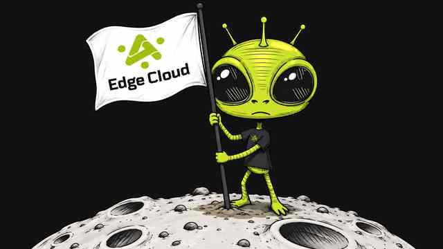 Alien holding an Edge Cloud flag on a lunar landscape