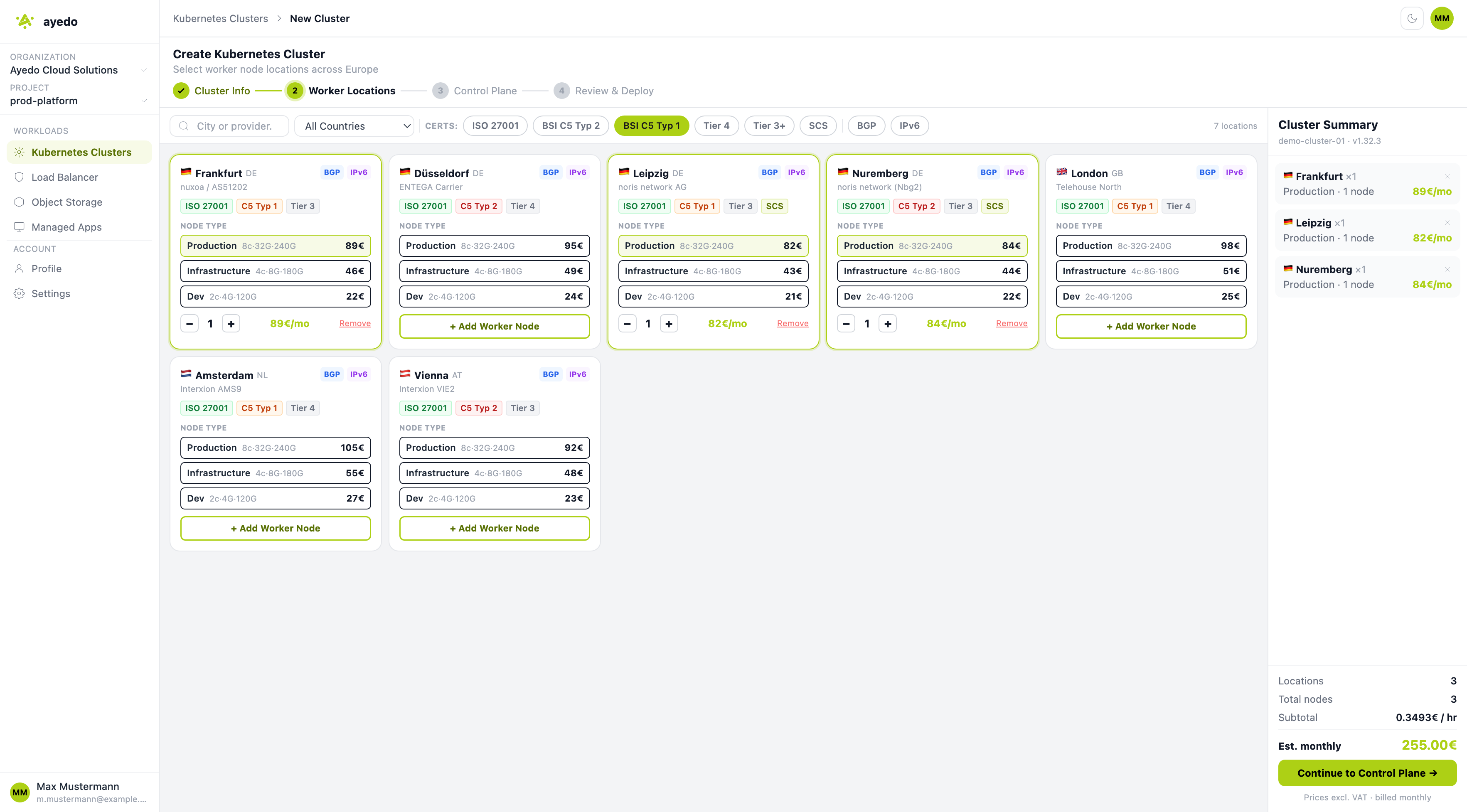 ayedo Kundenportal - Kubernetes Cluster Wizard mit Standortauswahl